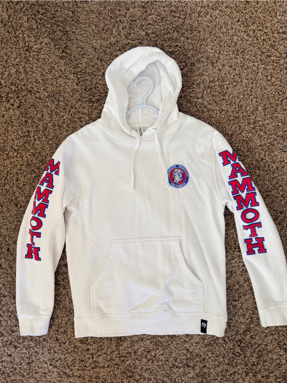Mammoth Mountain White Hoodie with Red and Blue Sleeve Graphics